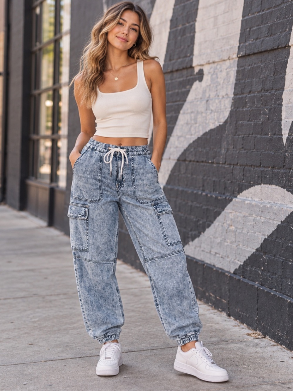American Eagle Outfitters Denim Cargo Jogger Pants Size 12 Acid Wash